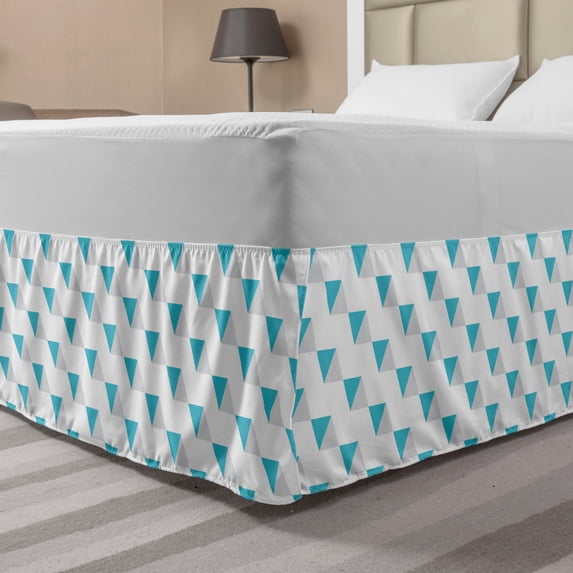 Geometric Bed Skirt, Bicolor Style Illustration of Abstract Diagonal Triangles, Elastic Bedskirt Dust Ruffle Wrap Around for Bedding Decor, 4 Sizes, Sea Blue Pale Taupe, by Ambesonne