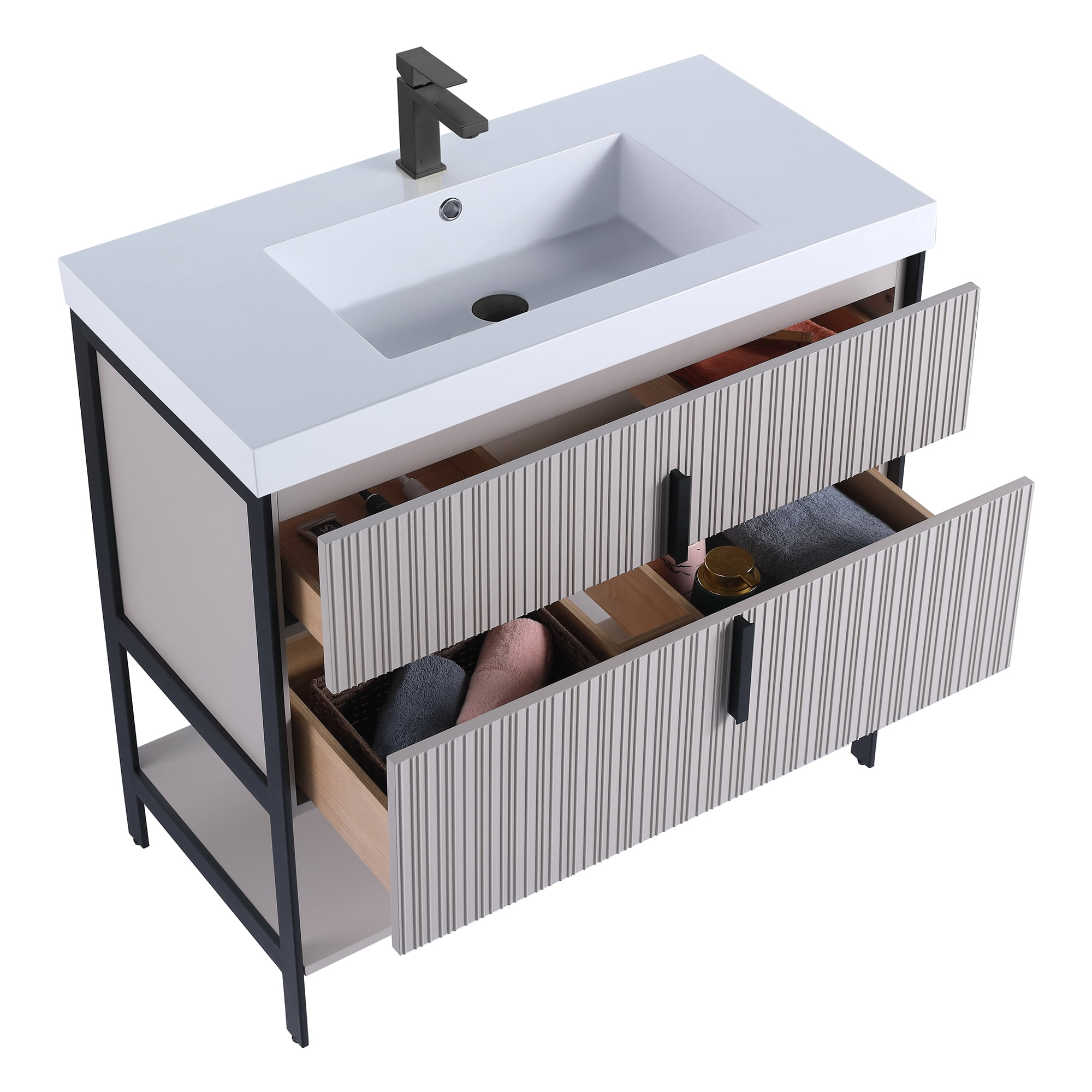 Fine Fixtures Serenity 36 in. W x 18 in. D x 33.5 in. H Bathroom Vanity in Bright Taupe with White Gel Coated Thick Edge Top with Black Hardware