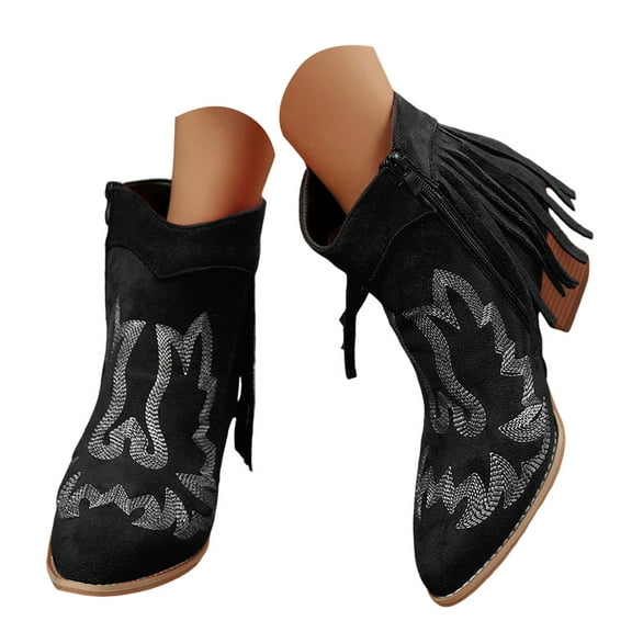 Mepaouo Fringe Ankle Cowboy Boots for Women Tassel Western Cowgirl Booties Chunky Heel Dress Riding Shoes