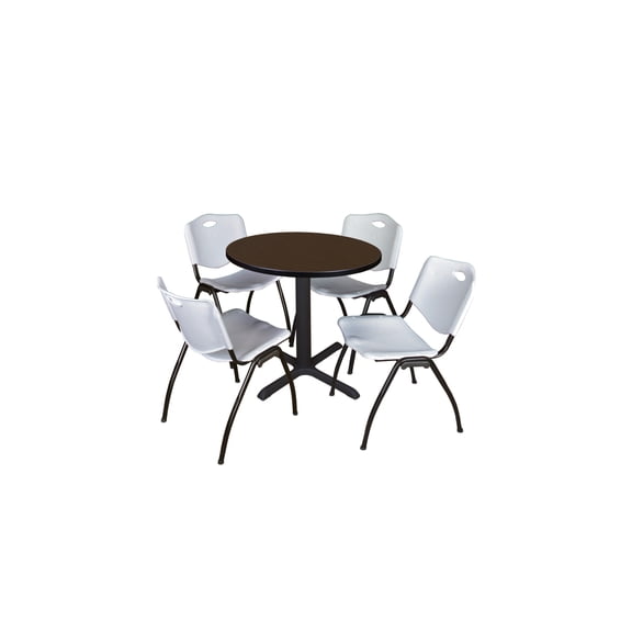 Regency Cain 30 in. Round Breakroom Table- Neo Walnut & 4 M Stack Chairs- Grey