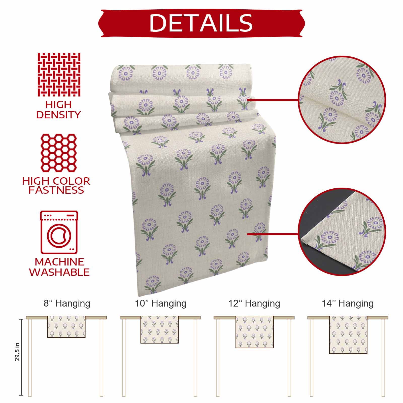 Purple Boho Floral Burlap Cotton Table Runner 16x72 Inches Long, Modern Abstract Flowers Bohemia Beige Farmhouse Table Runners, Outdoor Dining Tablecloths Decor for Baby Shower/Party/Wedding