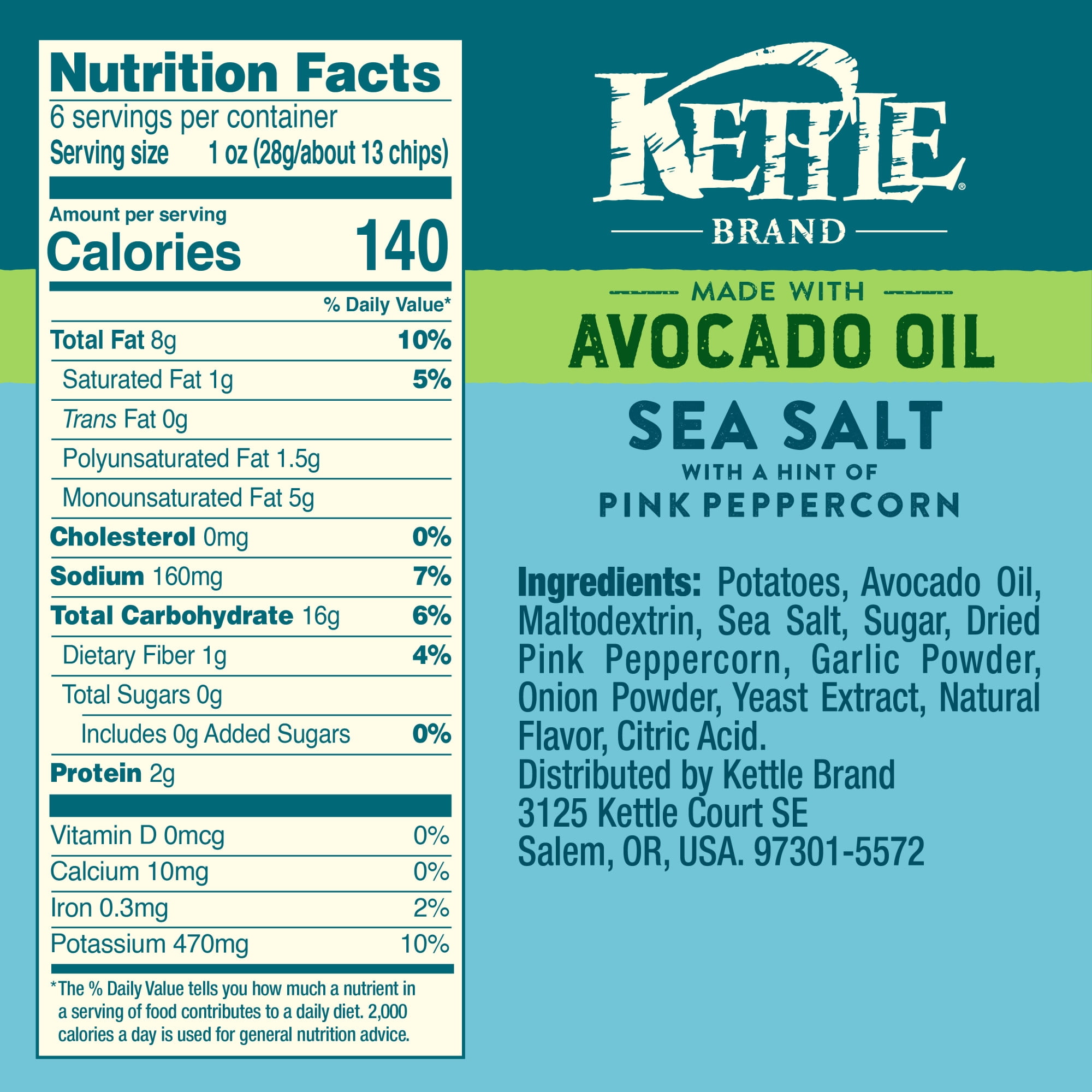 Kettle Brand Made with Avocado Oil Sea Salt Pink Peppercorn Chips, 6 oz Bag