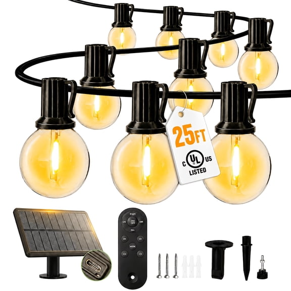 25FT Solar String Lights Outdoor with Remote Control, IP65 Waterproof LED Shatterproof G40, USB & Solar Powered