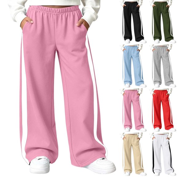 KICILVS Girls Track Pants with Side Stripe Detail Drawstring Waist Wide Leg Sweatpants with Pockets Sporty Trousers for Casual Outings 5-15 Years