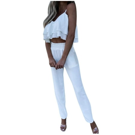 

Dadaria 2 Piece Outfits for Women Shorts Set Classy Round Neck Solid Sleeveless Blouse +Loose with Pockets Pants Sets White M Female