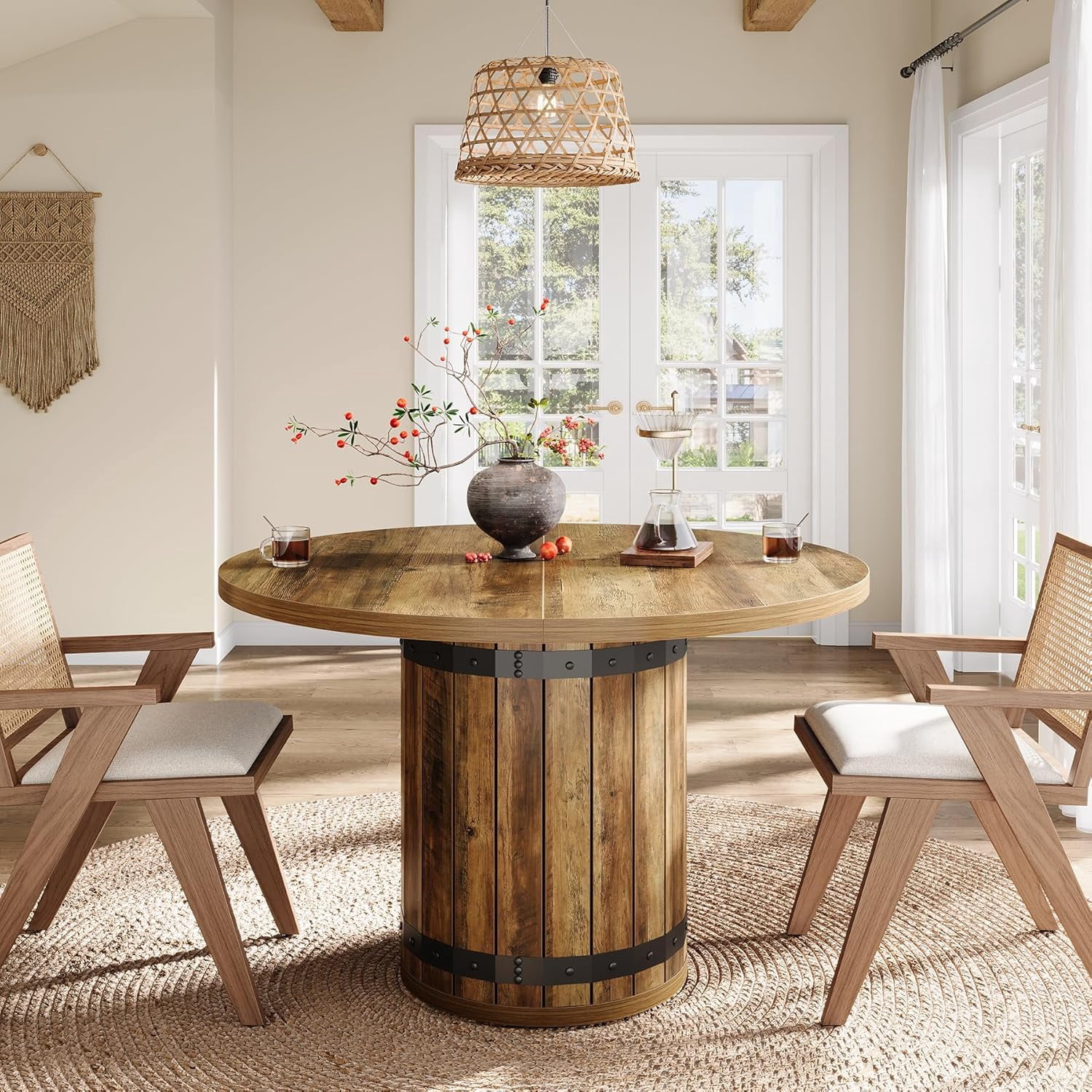 Tribesigns 39.37-Inch Round Dining Table, Farmhouse Dining Table with Fence Pedestal Base for Kitchen Room, Living Room (Only Table)