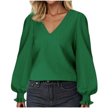 Plus Size Womens Shirts Fall Pullover Tops Loose Fit Puffy Sleeve V-Neck Long Sleeve Blouse Clearance