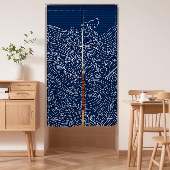 Noren Doorway Curtain Japanese Style Wave Printed Linen Window Treatment Door Tapestry for Home Decoration 33.5"x59",Navy Blue