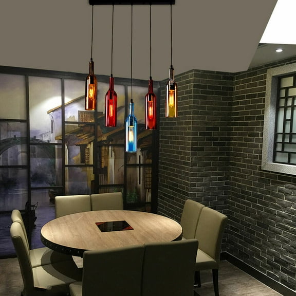 Miumaeov Glass Bottle Chandelier 5-Head Colorful Rustic Industrial Beer Bottle Pendant Hanging Light Ceiling Lamp Fixture for Living Room Restaurant Bar Club with E27 Bulb and 5 Lampshade