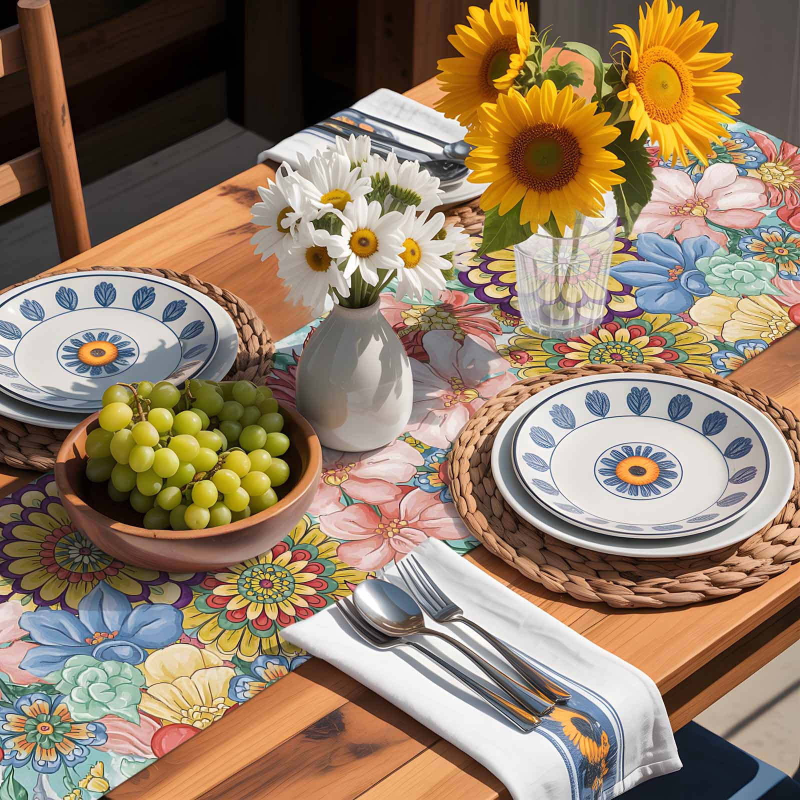 Retro Bohemian Flowers Table Runner 90 Inches Long, Country Floral Art Table Runners Tabletop Scarf Kitchen Dining Tables Decoration for Home Party Indoor Outdoor