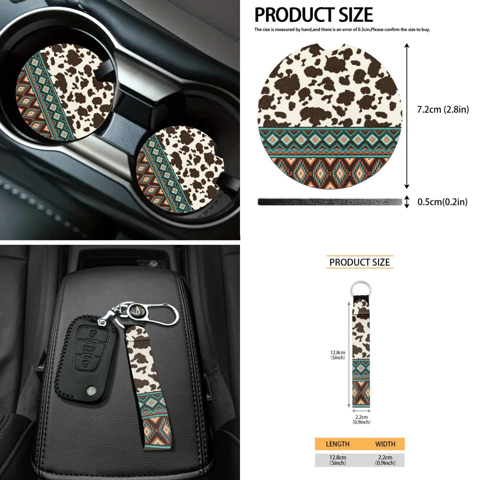 Yuyamidu Brown Cow Print Car Seat Cover Set with Steering Wheel Cover Aztec Seat Belt Pads Armrest Cover Garbage Can Aztec Air Vent Pouch Rearview Mirror Cover Coasters Keychain, 12 Pack