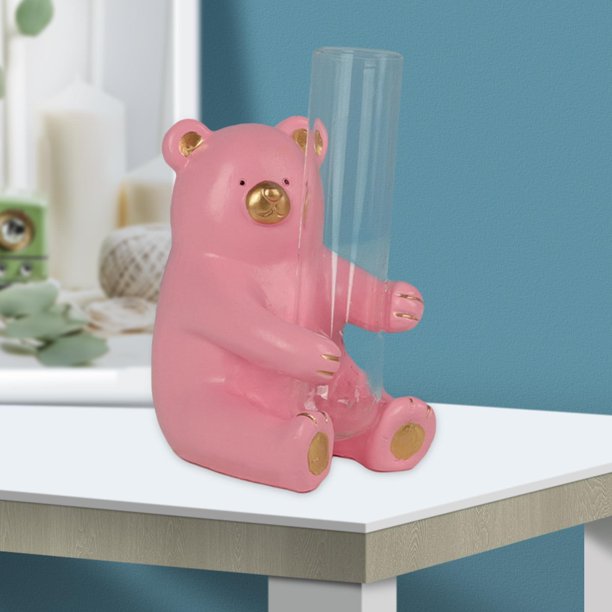 Florero pequeño con de animales, tubo de ensayo, jarrón de flores, maceta para plantas hidropónicas, accesorio de decoración para dormitorio y Oso rosa Macarena Jardinera de flores