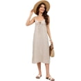 thumbnail image 6 of Fiophy 100% Linen Dress V Neck Tie Front Sleeveless Spaghetti Strap Summer Casual Midi Summer Beach Dresses,Flax, L, 6 of 8