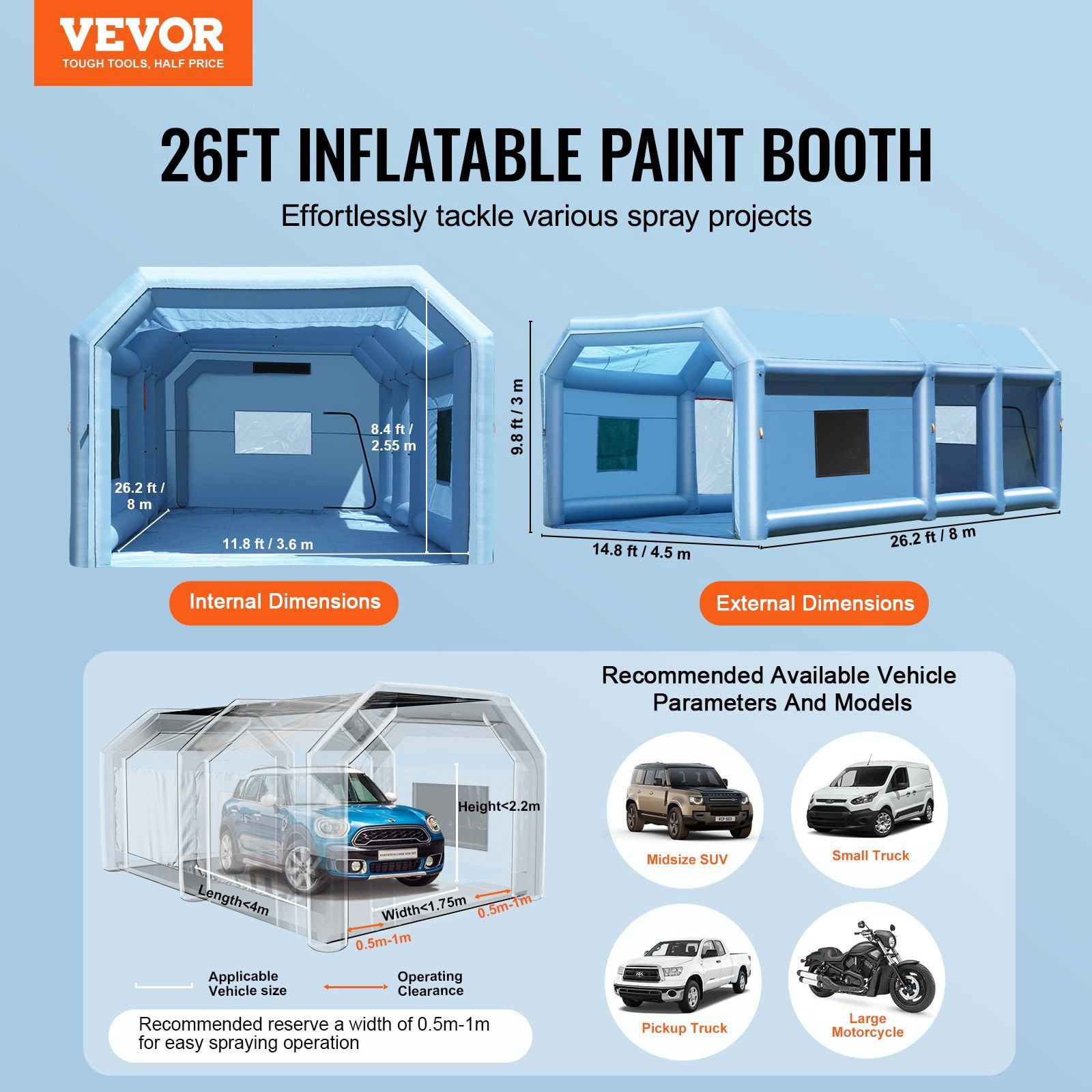 HCY Inflatable Paint Booth, 26.2 x 14.8 x 9.8 ft Inflatable Spray Booth, Portable Car Paint Booth for Small Truck, with 950W+750W Powerful Blowers and Air Filter System, Large Motorcycle, Midsize SU