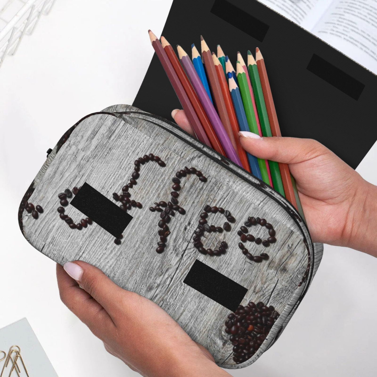 Rateoe Coffee Beans On Board Pattern Double Clamshell Pen Case, Storage Organizer with Two Zipper Compartments– Holds Up to 50 Pencils & Pens