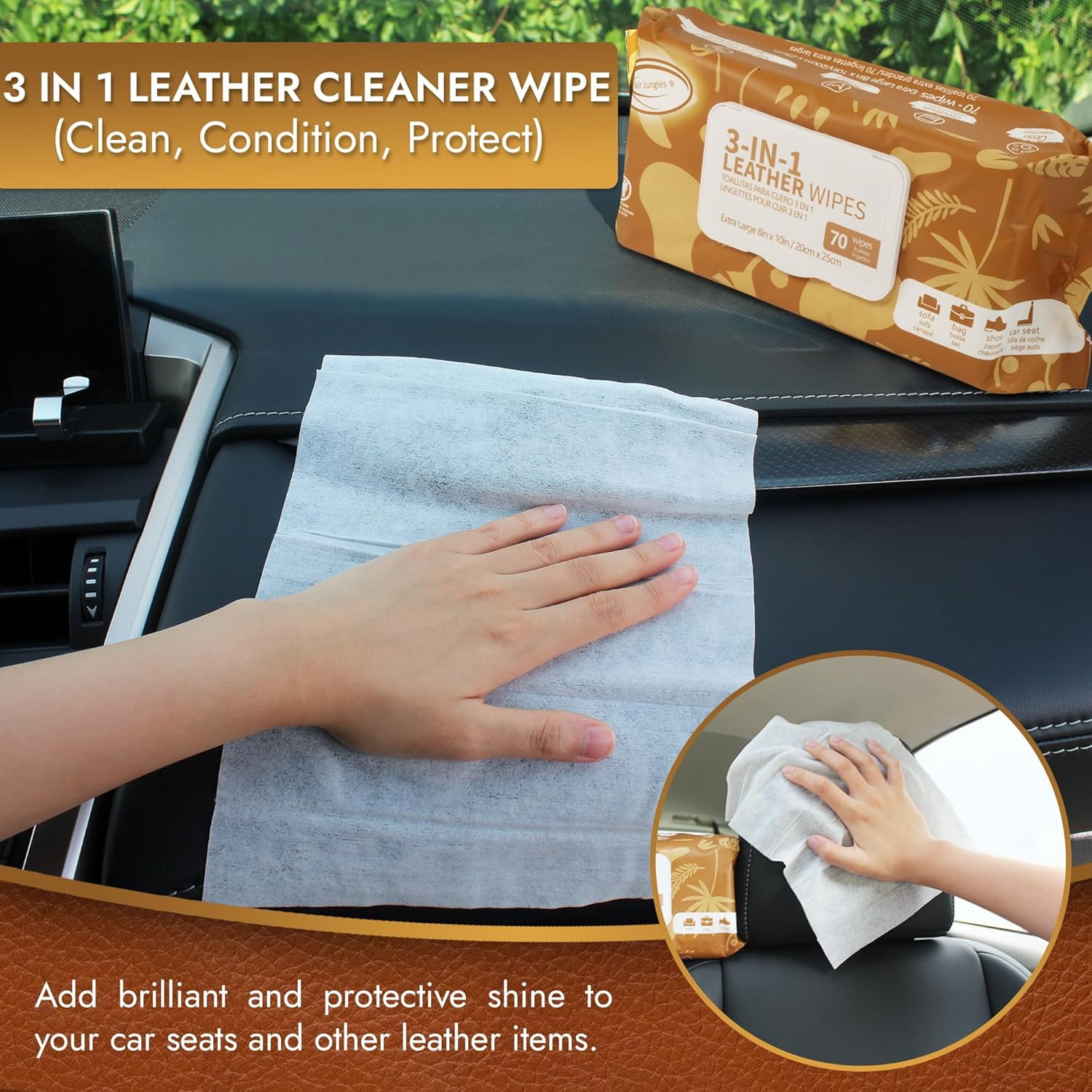 Air Jungles 3in1 Leather Cleaner Wipes 70 Count (Pack of 2), Extra Large 8" x 10" Size, Clean Condition Protect Wipes for Vinyl and Leather Apparel Furniture Auto Car Interior Shoes Boots Bags