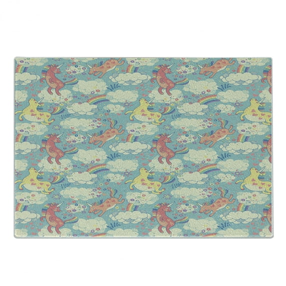 Pastel Cutting Board, Rainbow Unicorns Flying in Sky with Clouds Cheerful Theme, Decorative Tempered Glass Cutting and Serving Board, Small Size, Multicolor, by Ambesonne
