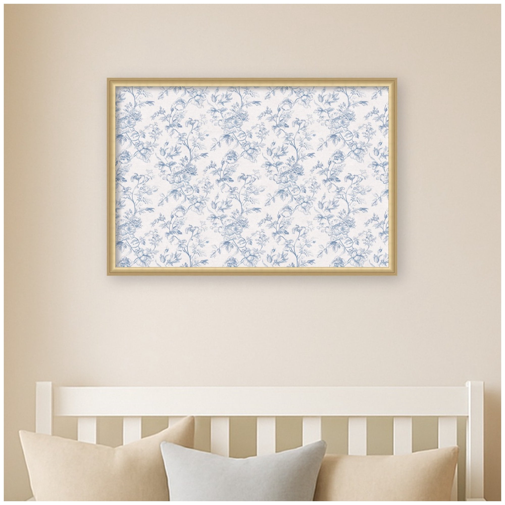 Kate and Laurel Framed Fabric Pinboard 38 x 26, Blue and White Floral Toile Printed Linen Casual Transitional Bulletin Board for Use as a Vision Board or Wall Organization, Florence Gold Frame