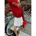 thumbnail image 3 of Cárdigan de punto de manga larga con plumas de retazos rojos para mujer, suéter grueso ajustado con cuello redondo, trajes elegantes para viaje, 3 of 5