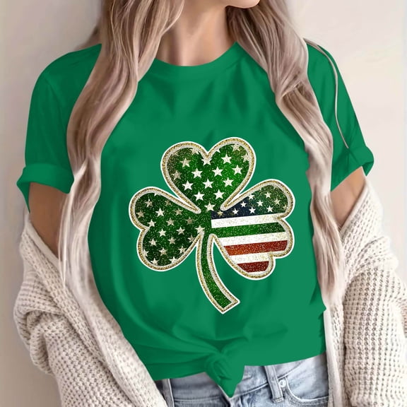 St. Patrick's Day Shirt for Women American Flag Clover Graphic T-Shirt Short Sleeve Crewneck Rolled Cuff Casual Loose Fit Festival Apparel Patriotic Holiday Tops