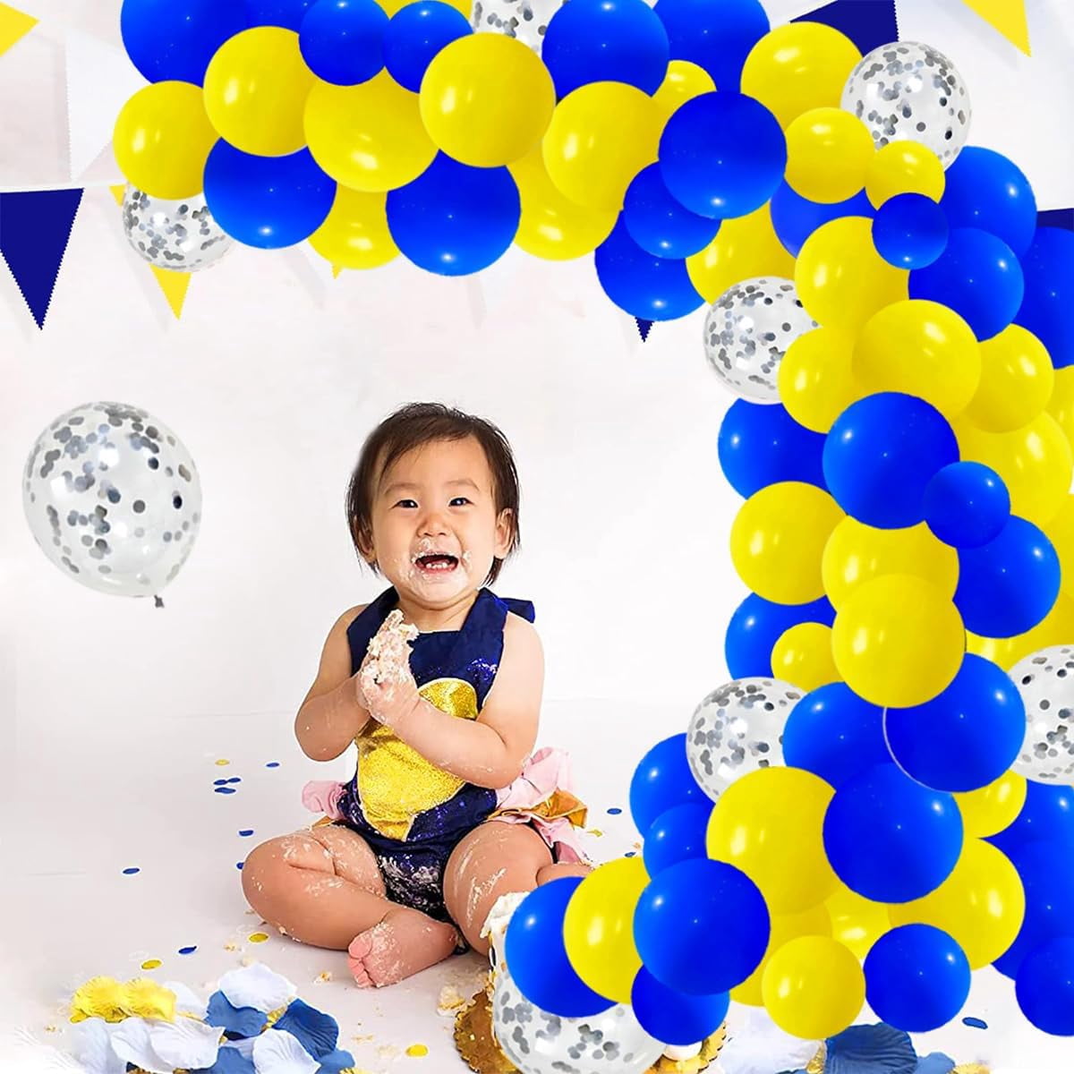 Royal Blue and Yellow Balloons Garland Arch, 122PCS Blue Yellow Balloons Silver Confetti for Wedding Baby Shower Anniversary Birthday Graduation Party Decorations