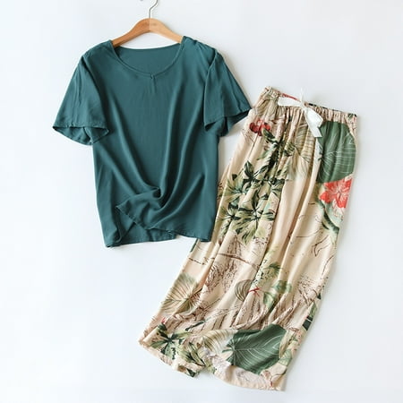 

Breathable 2PCS Pajama Short Sleeve Printed Pijama Mujer Femme Loose Nightwear Suit Female Casual Homewear Pajama Set For Women