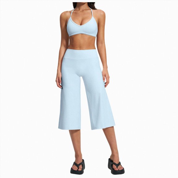 ZIXKCGDSE Workout Sets for Women Halter Sports Bra Matching Wide Leg Capri Pants Yoga Outfits Size XL