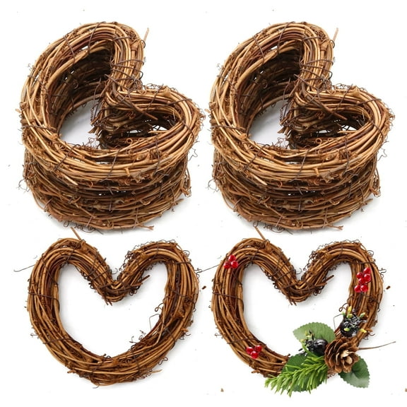 10 pack Crafts Natural Grapevine Heart Wreaths, Christmas Tree Decoration, 4 inch Rattan Vine Branch Wreath Ring for Decor