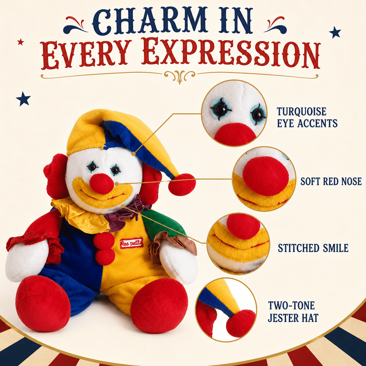 Applause Les Petits Marcel Circus Clown Plush, Multicolor Jester Stuffed Doll with Pom Pom Details and Ruffle Collar for Collectors, Shelf Decor and Gift Giving