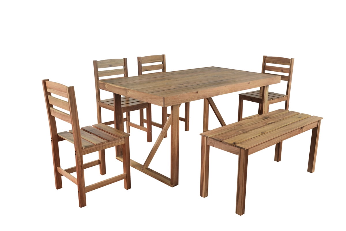 HighSound 6-Piece Outdoor Acacia Wood Dining Set, Patio Table and Chairs Set with Bench for 6-7 People, Outdoor Dining Furniture Set for Garden, Backyard and Poolside, Natural