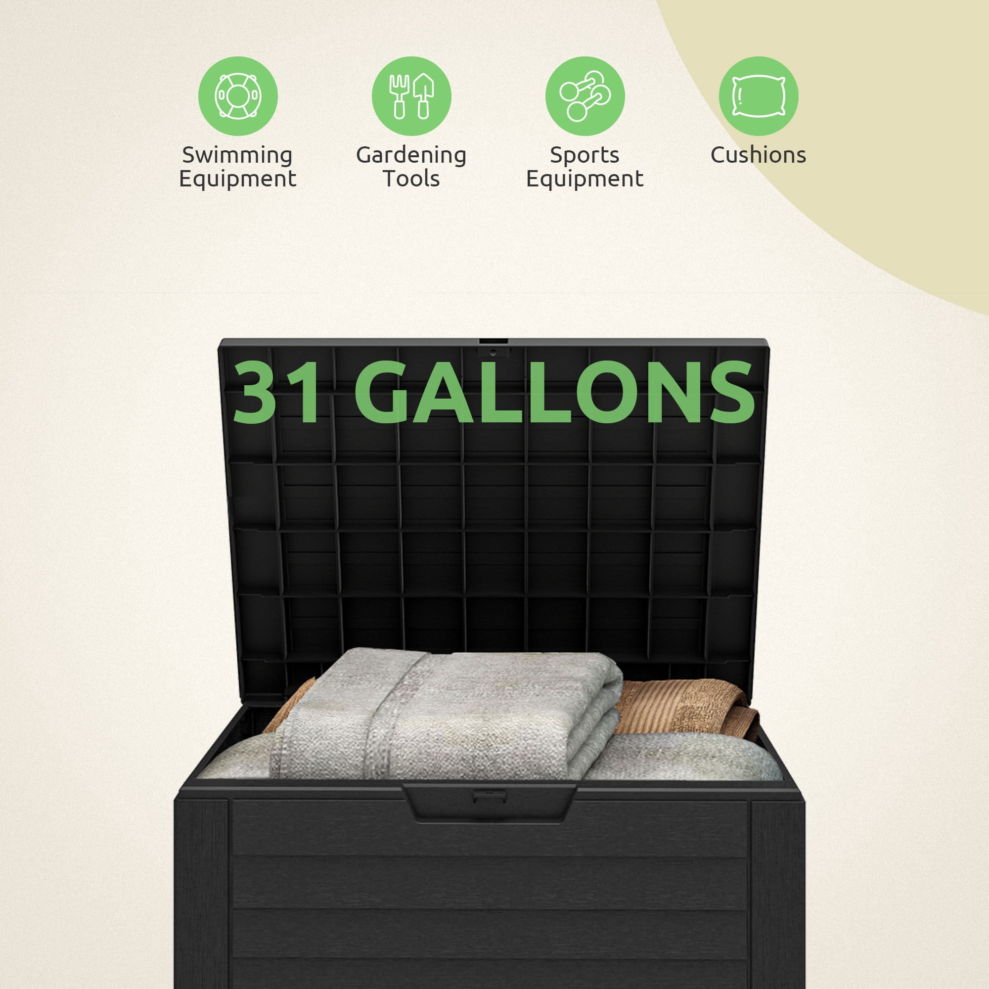 Dextrus 35 Gallon Waterproof Resin Deck Box, Black Lockable Outdoor Storage & Package Delivery Bin, Compact Patio Organizer for Cushions, Garden Tools and Pool Accessories