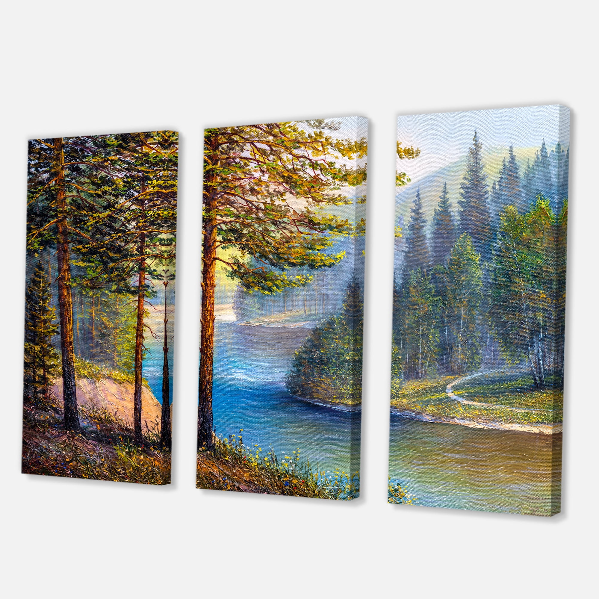 Designart ' Sunrise Glow Through The Pine & Fir Forest ' Lake House Canvas Wall Art Print