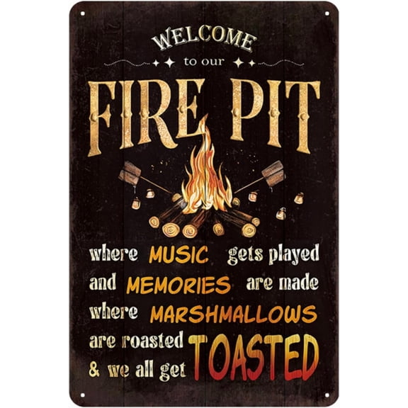 Welcome To Our Fire Pit Metal Funny Camping Tin Sign Vintage Wall Decor Camp Door Decorations Art Poster Hanging Plaque for Home Bar Bedroom Cafe Outdoor Patio Kitchen Porch Garage Pub 12X8 Inch