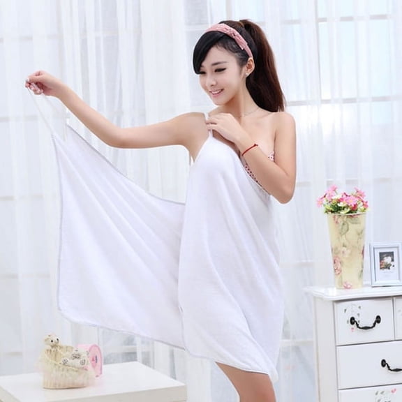 Novelty Adult Women Microfiber Wearable Shoulder-Straps Bath Towel Bath Dress Bathrobe - Free Size (White)