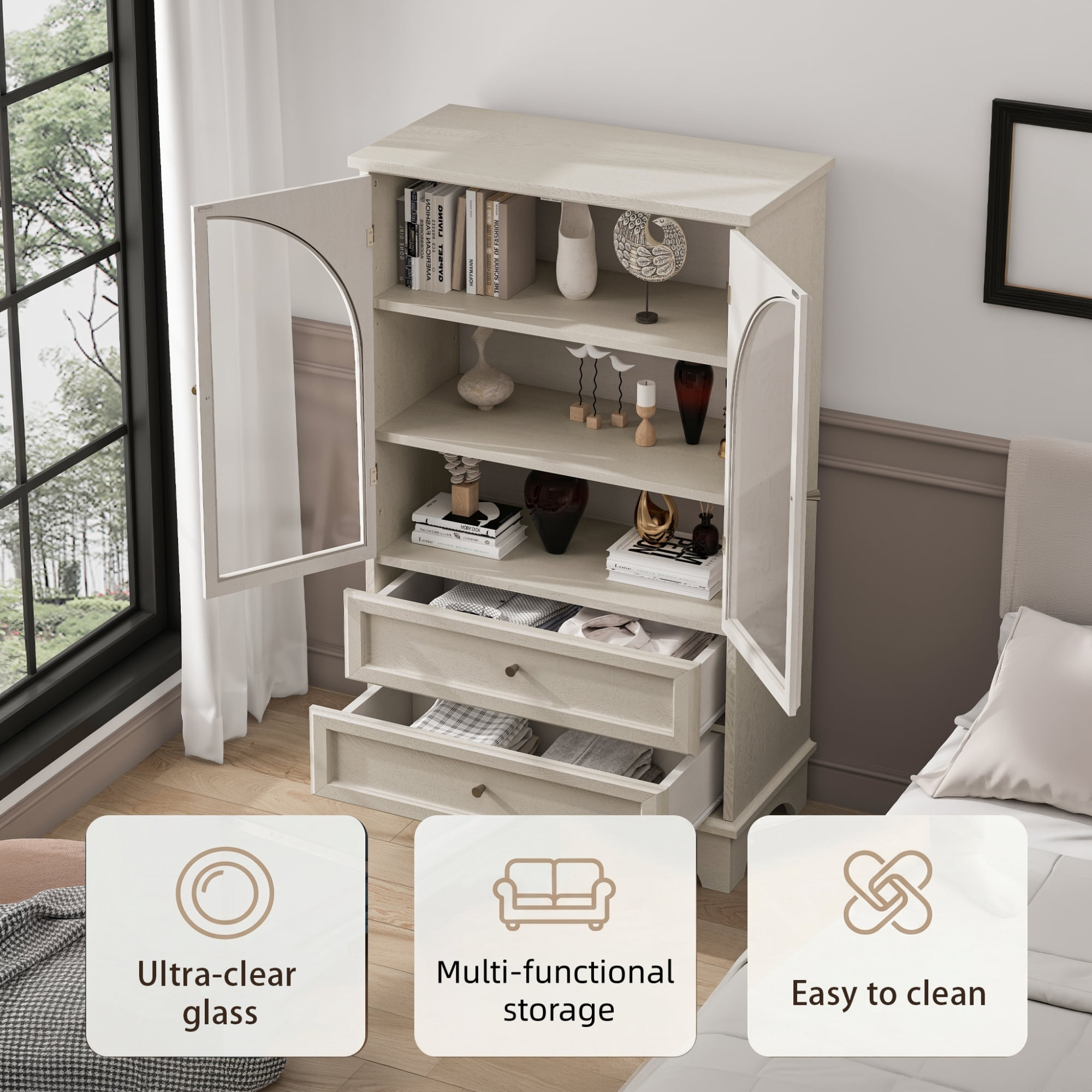 52.17"H Storage Cabinet with 2 Drawers and Adjustable Shelf,Modern Glass Door Curio Cabinet for Living Room,Bedroom,Kitchen,Office,White