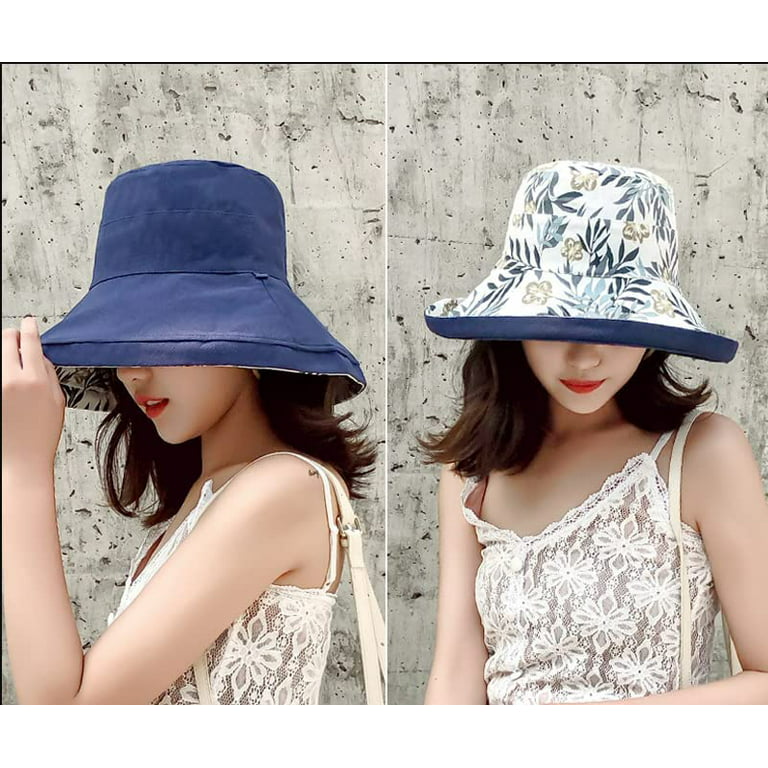 Wide Brim Cotton Summer Hat,Women's Packable Reversible Floral Bucket Hat  Sun Protection Beach Cap Floppy Sun Hats