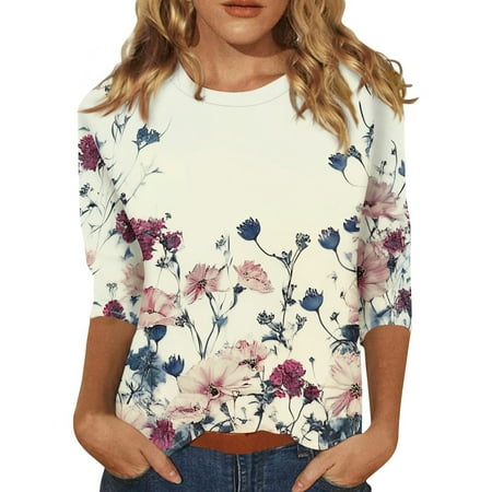 Corset Tops For Women  3/4 Sleeve Shirts Cute Flower Print Graphic Tees Blouses Casual Plus Size Basic Tops Pullover Summer Blouses & Button-Down Shirts Tank Tops Blouse (XXL  Beige) ZMTing