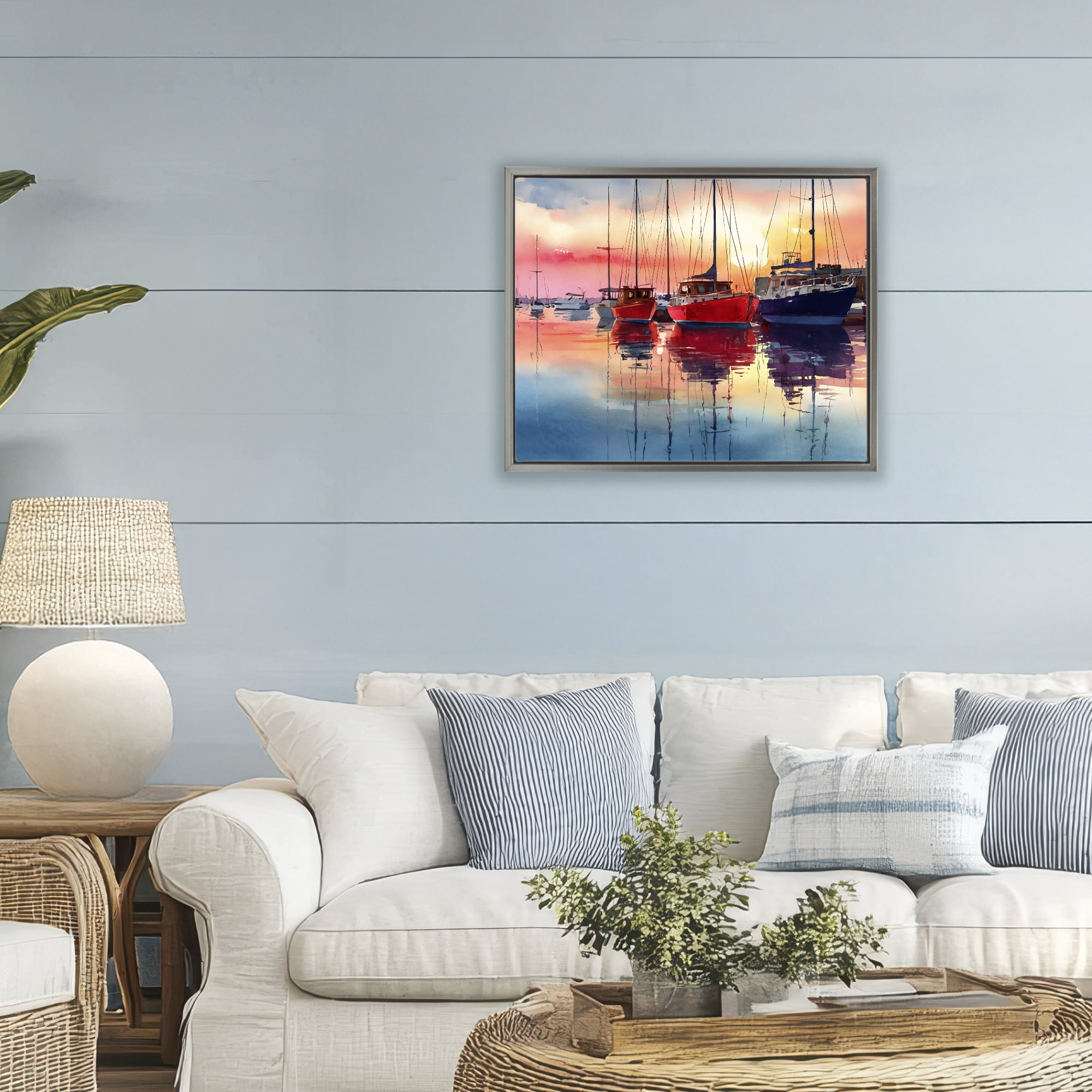 Stupell Industries Red & Blue Boats at Sunset Gray Framed Floater Canvas Wall Art, design by Franklyn Gregory