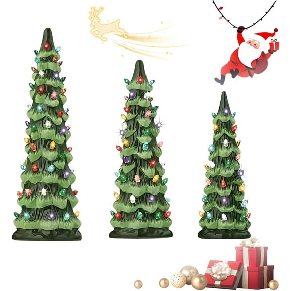 Minibee 9.8" Ceramic Christmas Tree with Lights, Retro Hand-Painted Tabletop Holiday Decoration Multicolor Bulbs