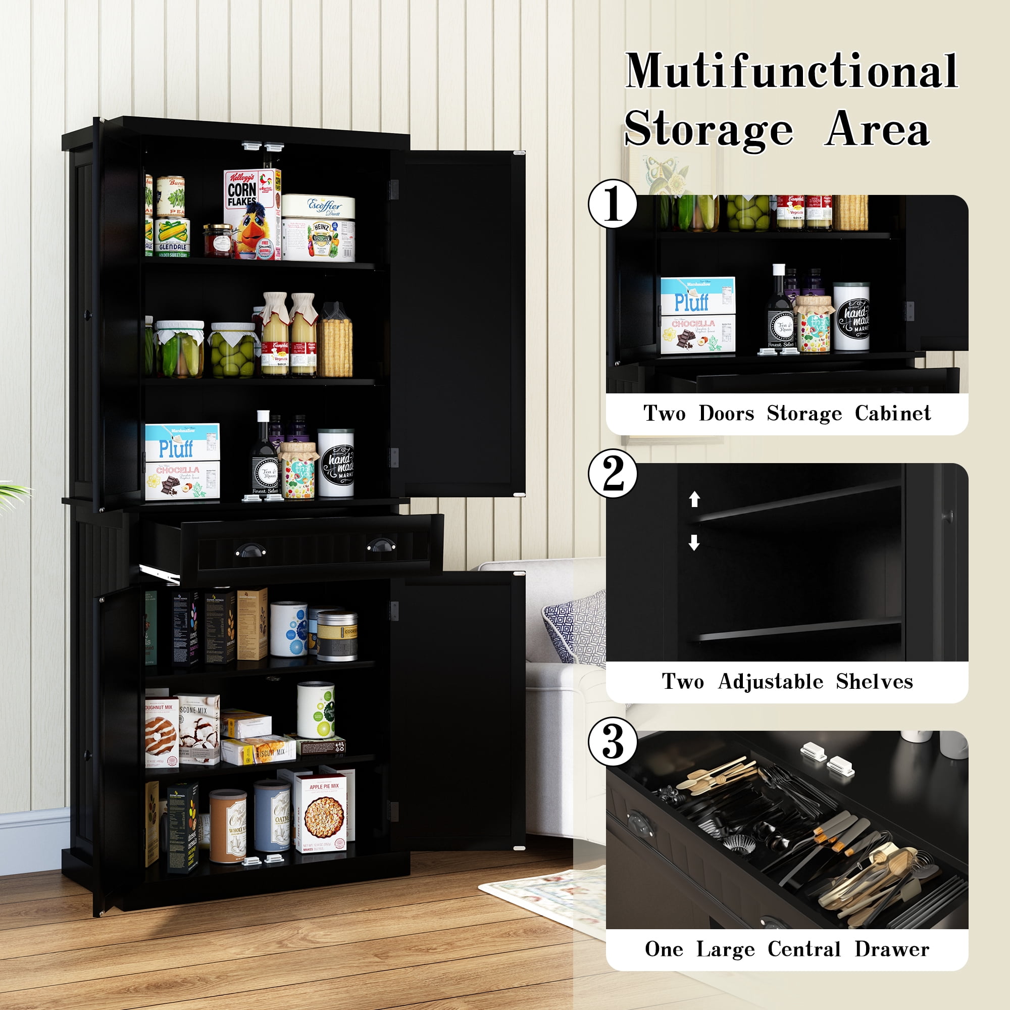 HLR Freestanding Durable Kitchen Pantry Storage Cabinet with Adjustable Shelves, Black