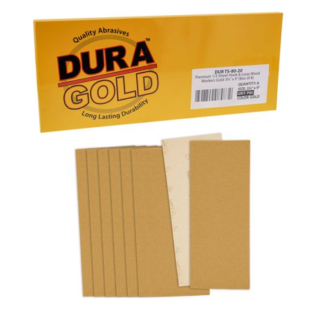 

Dura-Gold Premium Sandpaper - 80 Grit - 1/3 Sheet Size Wood Workers Gold 3-2/3 x 9 with Hook & Loop Backing - Box of 8 Sheets - Hand Sand Block Sanding Use Jitterbug Sander - Woodworking Auto