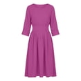 thumbnail image 3 of Ohufall Women's Dresses Long Sleeve Round Neck Flowy Midi Dress Solid Color Vacation Fashion Dress, 3 of 6