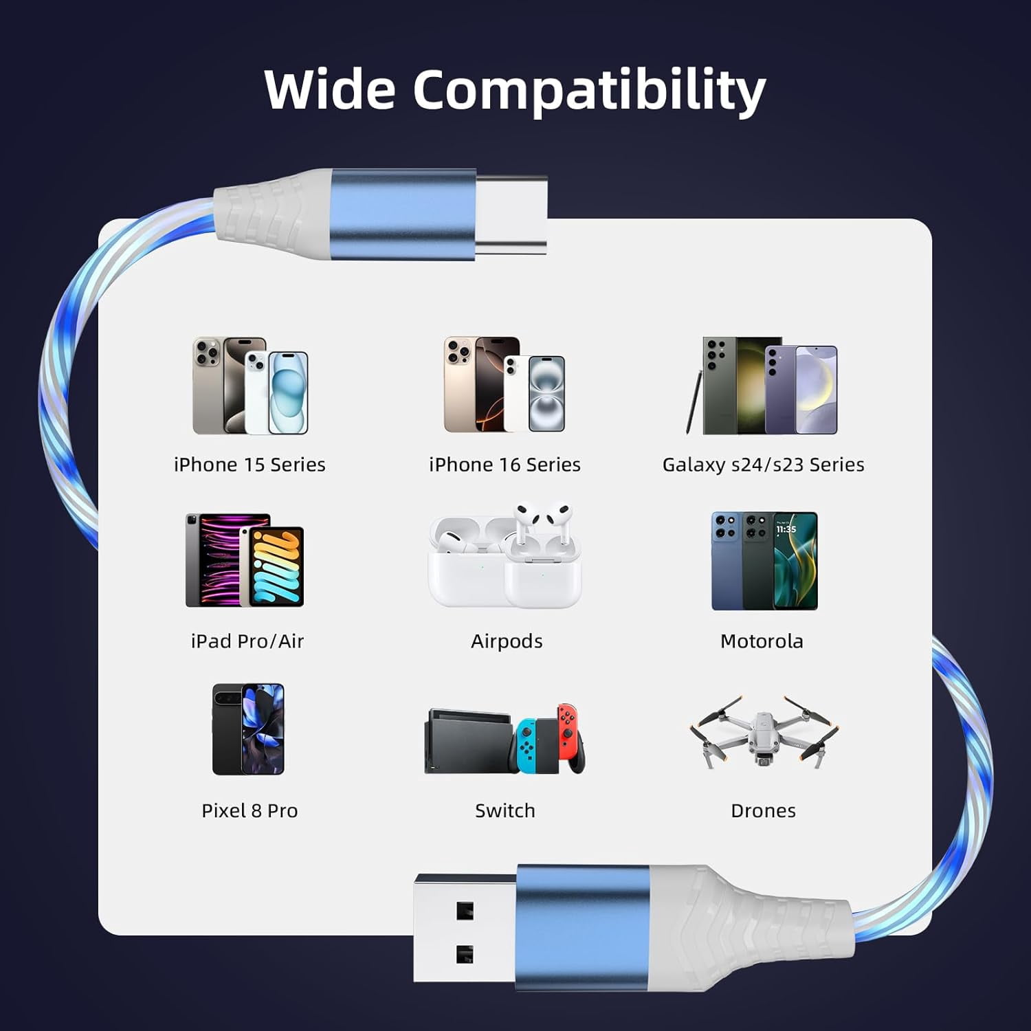 RGHJAR-USB C Flowing LED Charging Cable, Light Up Fast Charger Cord for iPhone 16/15, Galaxy, iPad, Android, Glowing Night Visible Cable with Flowing Light, Fast Charge & Sync (Blue, 6.6FT)