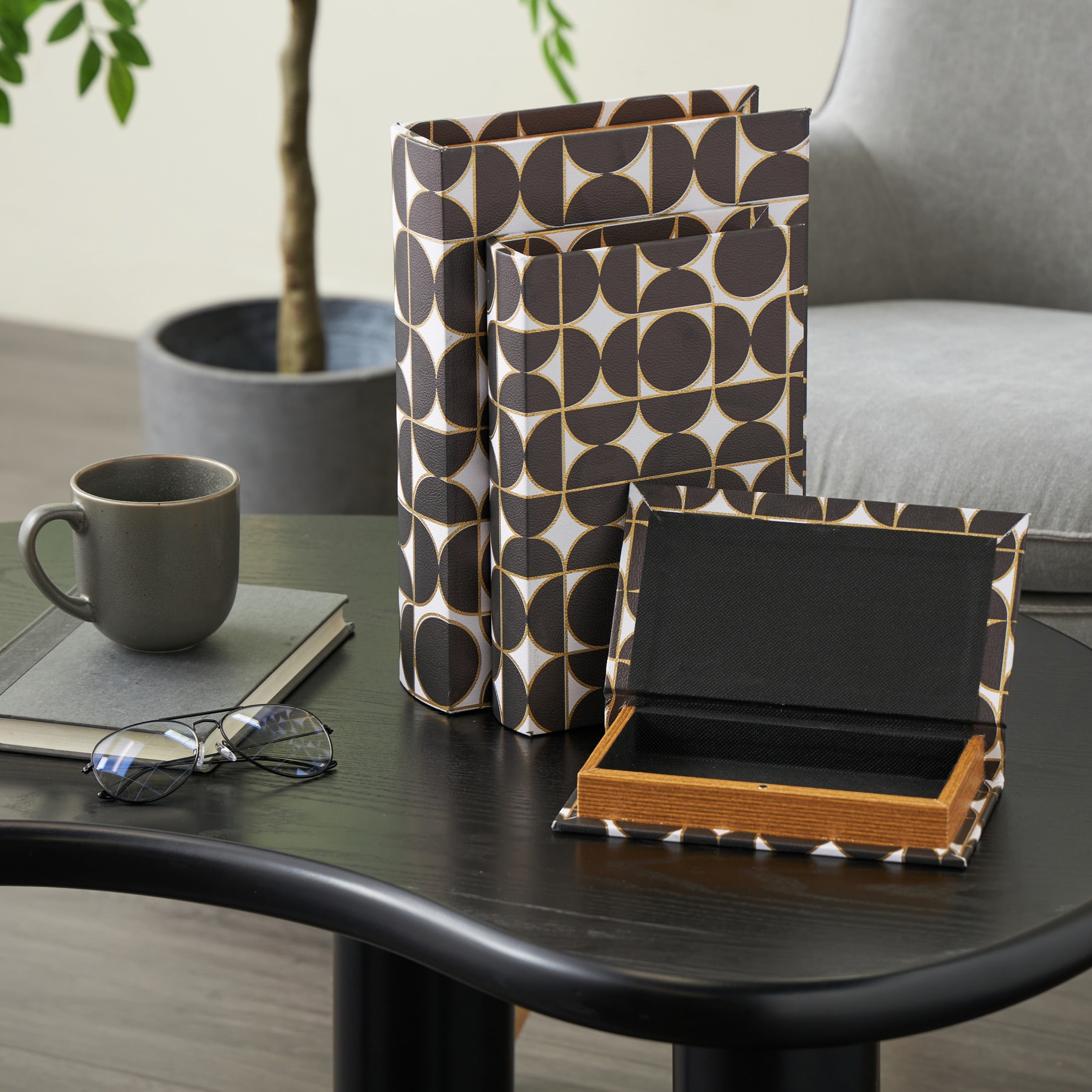 DecMode Faux Book Storage Black Faux Leather Decorative Box with Circle and Semi-Circle Pattern, 3 Count