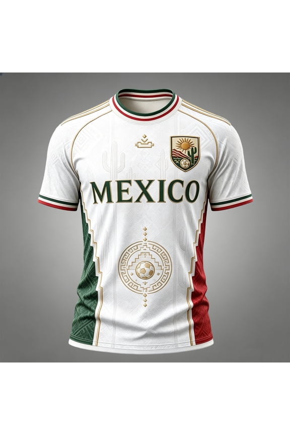 Mens Short Sleeve Athletic Mexico Soccer Jerseys 2026 Mexico Soccer Tops Crew Neck Funny Football Black Gold Digital Print Summer Tee shirts White L