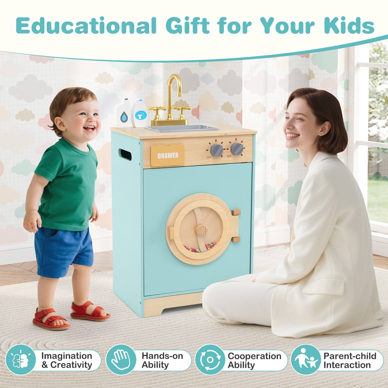Gymax Kids Washer Playset w/ Laundry Detergent & Hand Sanitizer Rotating Wheel