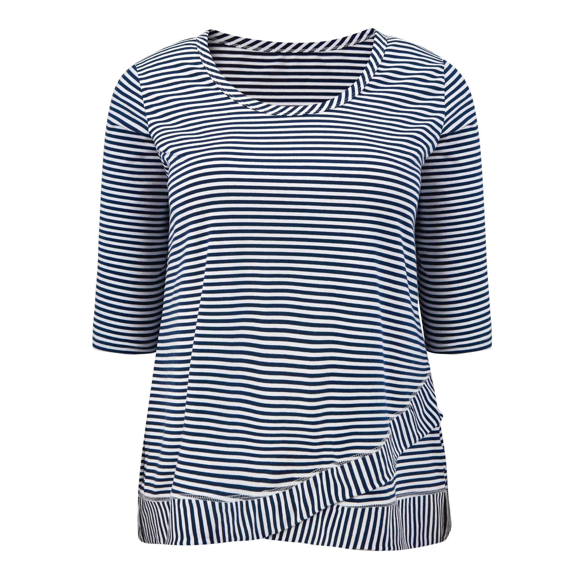 Women's Plus 3/4 Sleeve Striped Loose Casual Tunic Top Scoop Neck High Low Hem Blouse 2X Navy Blue