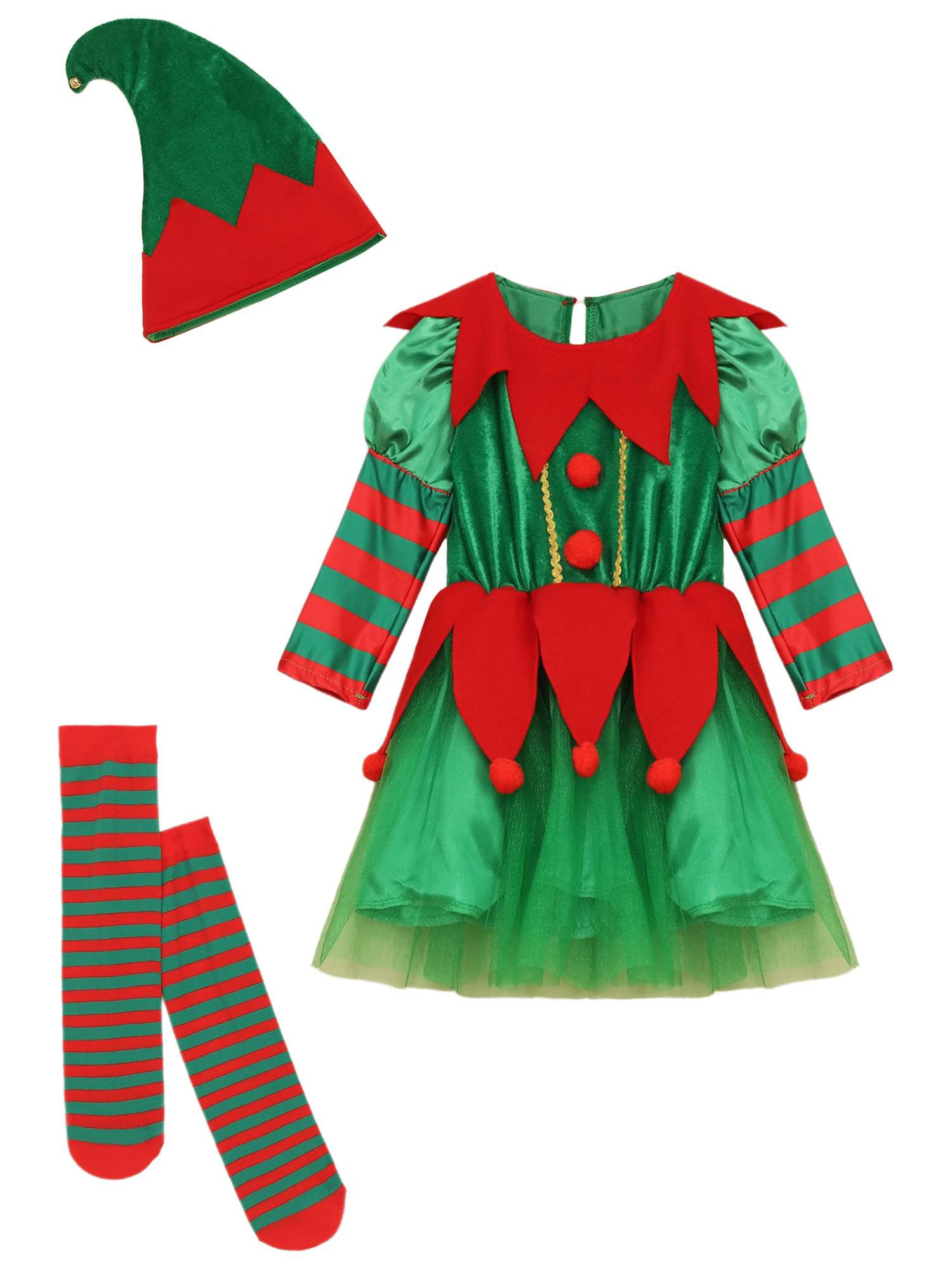 Kids Girls Elf Santas Helper Fancy Dress Costume With Tights - Christmas Outfit
