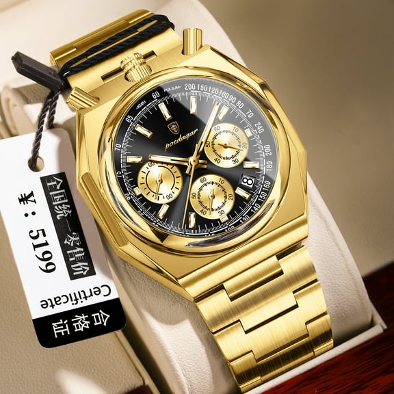 Explojoy Men's Golden Chronograph Watch – Stainless Steel, Waterproof, and Luminous Display