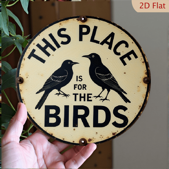 Vintage "This Place Is For The Birds" Humorous Bird Sign, 8" Round Aluminum Wall Metal Signs, Wall Decor For Kitchen, Door, Office, Coffee, Bedroom Decor, Best Gifts For Room, Home, Bathroom Decor